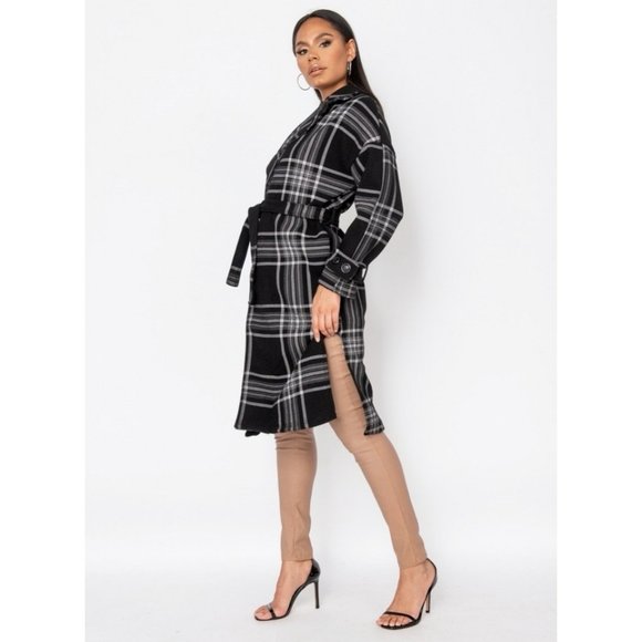 Black Plaid Check Wool Blend Long Sleeve Belted Lapel Collared Trench Coat - Picture 9 of 11
